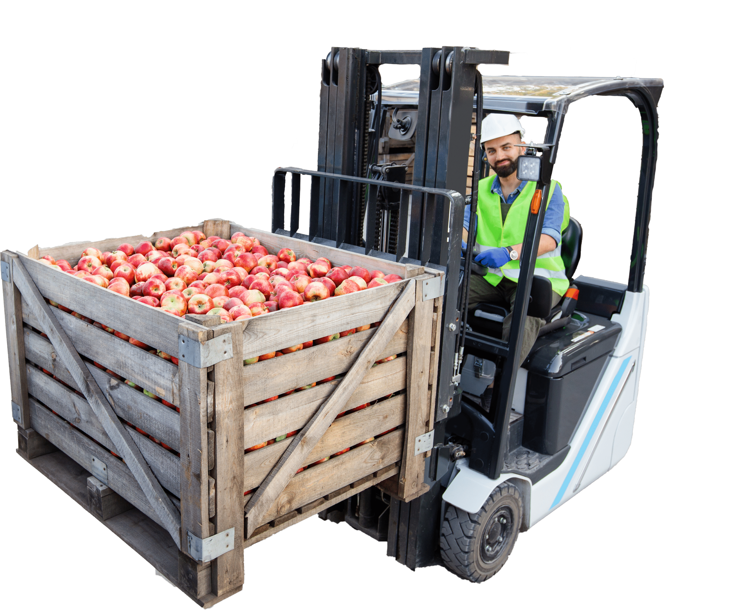Man driving forklift with apples