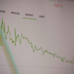 A green line graph showing stock market trends on a digital screen